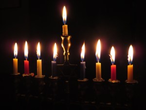 A lit menorah